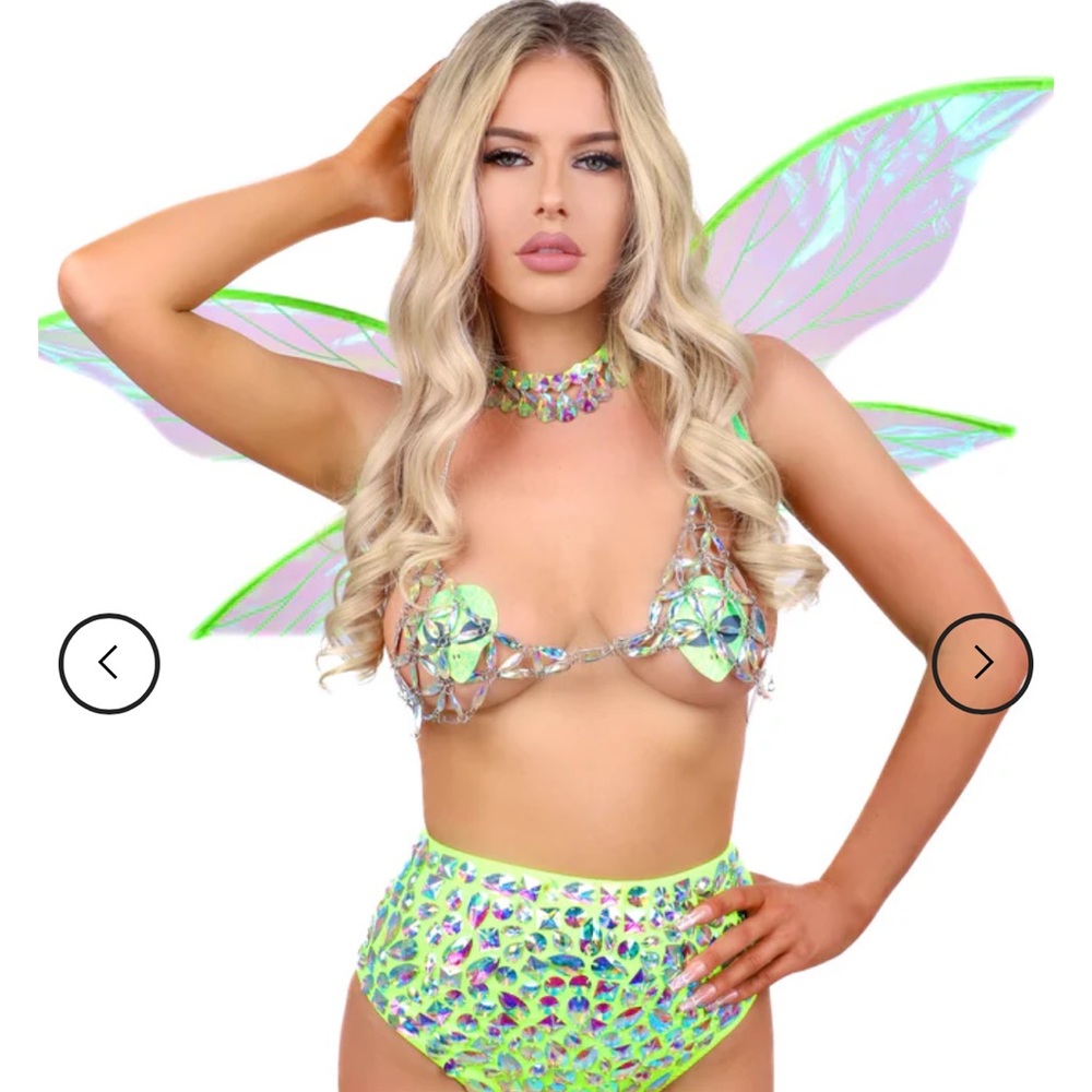 Holographic Rhinestone Neon Green Bikini Rave/Festival Set